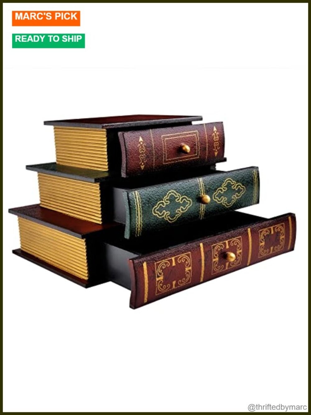 Wooden False Book Storage Box with Three-Layer Drawers Jewelry Organizer